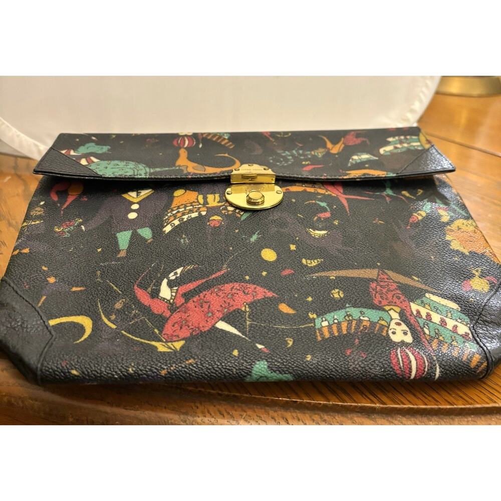 Vintage Piero Guidi Black Multi Magic Circus Envelope CLUTCH Leather Accents